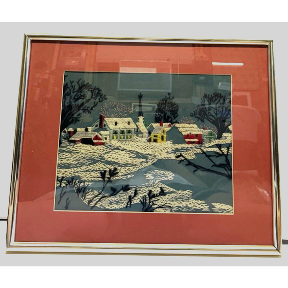 Avon Creative Needlecraft Crewel Embroidery Framed and Matted Country Snowscape